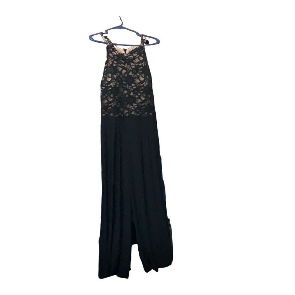 R&M Richards Black One Piece Halter Jumpsuit Lace Sequin Wide Leg Zipper Sz 14